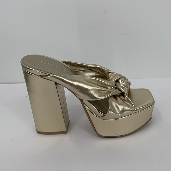 Open Edit Kaia platform slide sandal shoe heel metallic gold knot criss cross 5 - Picture 1 of 6